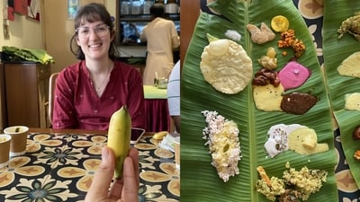 Onam Sadhya is a grand vegetarian feast served on banana leaves. (X/@juliachaigneau) Onam Sadhya is a grand vegetarian feast served on banana leaves. (X/@juliachaigneau)