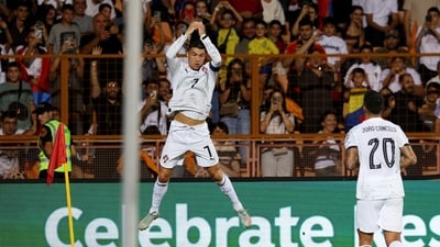 Cristiano Ronaldo with his signature celebration after scoring for Portugal. (Photolure via REUTERS)