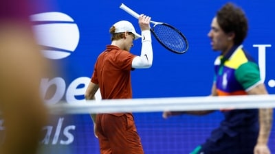 Jannik Sinner faltered on his serve throughout the match, winning just 69 per cent behind his first serve, 48 on second, while registering four double faults. (AFP) Jannik Sinner faltered on his serve throughout the match, winning just 69 per cent behind his first serve, 48 on second, while registering four double faults. (AFP)