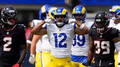 Los Angeles Rams wide receiver Puka Nacua (12) gestures during the first half of an NFL football game against the Houston Texans, Sunday, Sept. 7, 2025, in Inglewood, Calif. (AP) Los Angeles Rams wide receiver Puka Nacua (12) gestures during the first half of an NFL football game against the Houston Texans, Sunday, Sept. 7, 2025, in Inglewood, Calif. (AP)