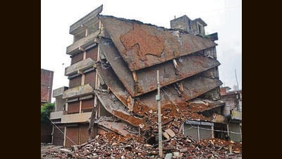 The four-storey structure that collapsed near Vishwakarma Chowk on Gill road in Ludhiana on Sunday. (Manish/HT)