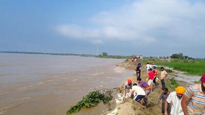 Villagers reinforcing the advance embankment at Kharijpur village in Kapurthala on Sunday. (HT Photo) Villagers reinforcing the advance embankment at Kharijpur village in Kapurthala on Sunday. (HT Photo)