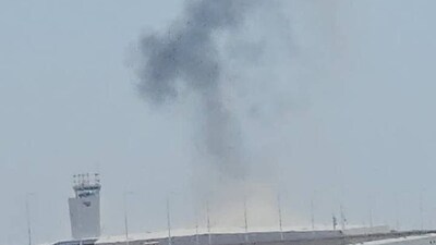 Visuals shared on X show thick black plumes of smoke rising into the sky near Ramon Airport. (X) Visuals shared on X show thick black plumes of smoke rising into the sky near Ramon Airport. (X)