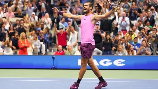 Carlos Alcaraz, of Spain, celebrates after defeating Jannik Sinner, of Italy, in the men's singles final of the U.S. Open tennis championships (AP)
