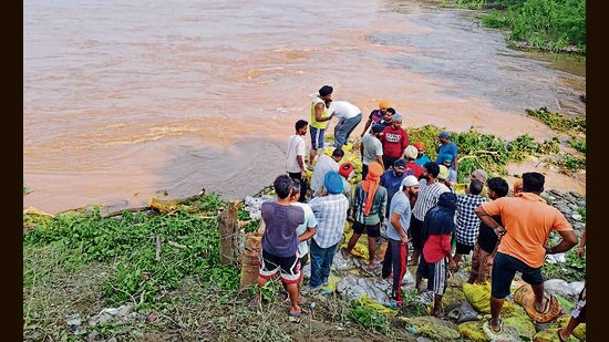 Villagers and workers deployed by district administration strengthening embankments in Garhi Fazal village, Ludhiana, on Sunday. (HT Photo)