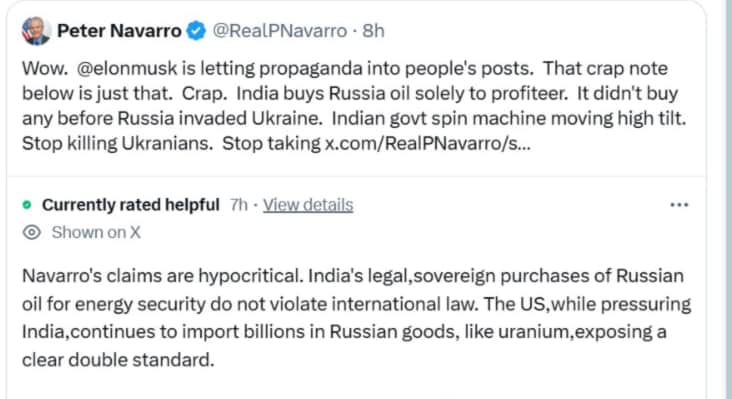 Community note on Peter Navarro's post (X) Community note on Peter Navarro's post (X)