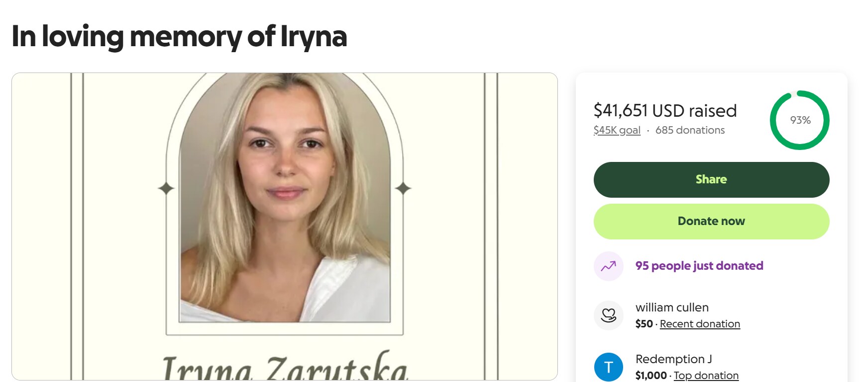 Iryna Zarutska GoFundMe (GoFundMe) Iryna Zarutska GoFundMe (GoFundMe)