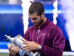 Carlos Alcaraz of Spain with the US Open trophy after winning the final of men’s singles. (Reuters)