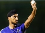India pacer Arshdeep Singh during the team’s training in Dubai ahead of the Twenty20 Asia Cup starting in the UAE on Tuesday. (BCCI)