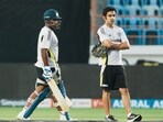 India's Sanju Samson with head coach Gautam Gambhir during a training session 
