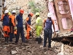 Rescue operations underway at landslide hit Inner Akhara Bazar of Kullu In Himachal on Sunday. (Aqil Khan/HT) Rescue operations underway at landslide hit Inner Akhara Bazar of Kullu In Himachal on Sunday. (Aqil Khan/HT)