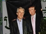 A banner of Jeffrey Epstein and President Donald Trump displayed during a protest earlier this year.