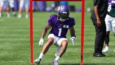 Minnesota Vikings wide receiver Jalen Nailor (1) takes part in drills during the teams training camp at the Minnesota Vikings Training Facility. (IMAGN IMAGES via Reuters Connect)