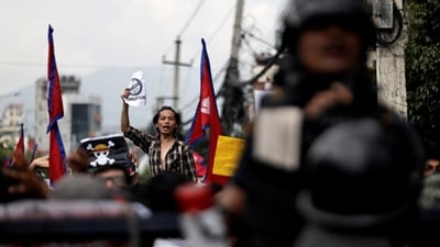 A demonstrator shouts slogans during a protest against corruption and the government’s decision to block several social media platforms, in Kathmandu, Nepal, on September 8, 2025. (Navesh Chitrakar/Reuters)