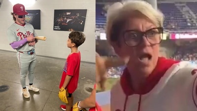 'Phillies Karen' is accused of snatching a ball from a kid. (X/ Philadelphia Phillies and X) 'Phillies Karen' is accused of snatching a ball from a kid. (X/ Philadelphia Phillies and X)