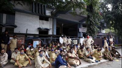 Pune, India - Oct. 6, 2021: Pmpml contract drivers protest outside PMPML main head office at Swargate in Pune, India, on Wednesday, October 6, 2021. (Photo by Rahul Raut/HT PHOTO)