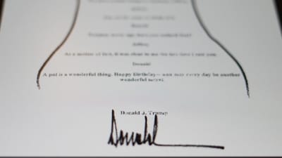 This image posted Monday, Sept. 8, 2025, on the X account of the Democrats on the House Oversight Committee shows a sexually suggestive birthday note to Jeffrey Epstein alluding to a “wonderful secret” and purportedly signed by President Donald Trump, who has denied sending the note. (@OversightDems/X via AP) This image posted Monday, Sept. 8, 2025, on the X account of the Democrats on the House Oversight Committee shows a sexually suggestive birthday note to Jeffrey Epstein alluding to a “wonderful secret” and purportedly signed by President Donald Trump, who has denied sending the note. (@OversightDems/X via AP)