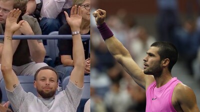 Steph Curry reacts after Carlos Alcaraz wins a point. Steph Curry reacts after Carlos Alcaraz wins a point.