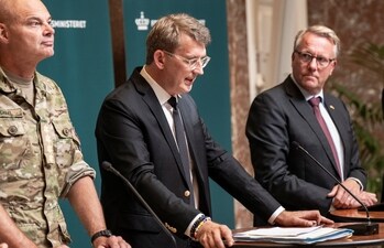 Director of the Danish Business Authority Katrine Winding, Chief of Defense Michael Hyldgaard, Minister of Defense Troels Lund Poulsen, Minister of Business Morten Boedskov, and Mayor of Haderslev Mads Skau take part in the presentation of the first Ukrainian defense company that will establish production on Danish soil, at a press conference at the Ministry of Defense in Copenhagen, Denmark September 3, 2025. (REUTERS) Director of the Danish Business Authority Katrine Winding, Chief of Defense Michael Hyldgaard, Minister of Defense Troels Lund Poulsen, Minister of Business Morten Boedskov, and Mayor of Haderslev Mads Skau take part in the presentation of the first Ukrainian defense company that will establish production on Danish soil, at a press conference at the Ministry of Defense in Copenhagen, Denmark September 3, 2025. (REUTERS)