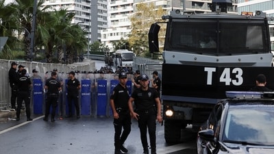 Members of the police block the road leading to the Istanbul provincial office of Turkey’s main opposition Republican People’s Party (CHP) (REUTERS)