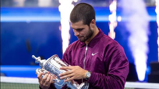 Carlos Alcaraz of Spain with the US Open trophy after winning the final of men’s singles. (Reuters)