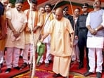 Chief minister Yogi Adityanath waters a sapling during the foundation stone laying ceremony of Saraswati Shishu Mandir, in Basti. (Handout via PTI Photo) Chief minister Yogi Adityanath waters a sapling during the foundation stone laying ceremony of Saraswati Shishu Mandir, in Basti. (Handout via PTI Photo)