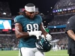 Jalen Carter (98) walks off the field after being ejected during the first quarter of the game against the Dallas Cowboys