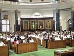 Opposition MPs attend a mock poll session regarding the voting process for the Vice Presidential election at the Central Hall of Parliament.