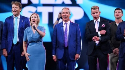 Mayor of Greater Lincolnshire Andrea Jenkyns, Britain's Reform UK party leader Nigel Farage and Reform UK MP Richard Tice attend the Reform UK party conference, in Birmingham, Britain, September 6 (REUTERS)
