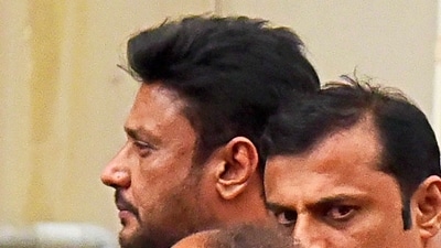 File photo of Kannada actor Darshan Thugadeepa being taken to a hospital for medical check up (PTI)