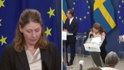 Elisabet Lann collapses moments after being named Sweden’s new health minister. (Screengrab) Elisabet Lann collapses moments after being named Sweden’s new health minister. (Screengrab)