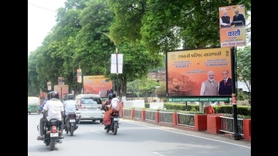 Hoardings displyaed on Nadesar road in Varanasi (Rajesh Kumar/HT)