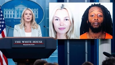 Karoline Leavitt speaks alongside a photo of Ukrainian refugee Iryna Zarutska, who was allegedly killed by Decarlos Brown Jr. (R), (AFP) Karoline Leavitt speaks alongside a photo of Ukrainian refugee Iryna Zarutska, who was allegedly killed by Decarlos Brown Jr. (R), (AFP)
