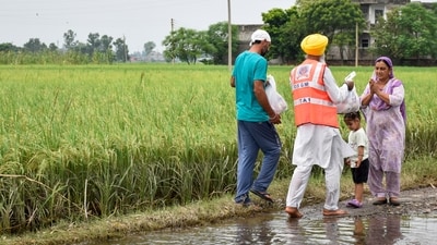Amritsar: Residents of a flood-affected area being provided relief material, at Ajnala (PTI) Amritsar: Residents of a flood-affected area being provided relief material, at Ajnala (PTI)