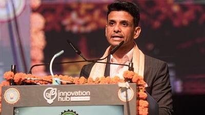 Astronaut Shubhanshu Shukla, who recently returned from a historic mission to the International Space Station, addresses a gathering during the convocation ceremony of Dr. A.P.J. Abdul Kalam Technical University (AKTU), in Lucknow on Tuesday, Sept. 9, 2025. (PTI)