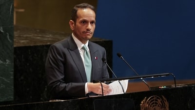 Qatar's Prime Minister and Minister for Foreign Affairs Sheikh Mohammed bin Abdulrahman bin Jassim Al-Thani speaks during a High-level International Conference for the Peaceful Settlement of the Question of Palestine and the Implementation of the Two-State Solution at U.N. headquarters in New York City, U.S., July 28, 2025. REUTERS/Jeenah Moon (REUTERS)