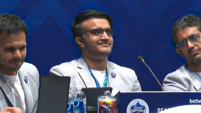 Sourav Ganguly, centre, couldn't control his smile after purchasing Dewald Brevis (Screengrab) Sourav Ganguly, centre, couldn't control his smile after purchasing Dewald Brevis (Screengrab)