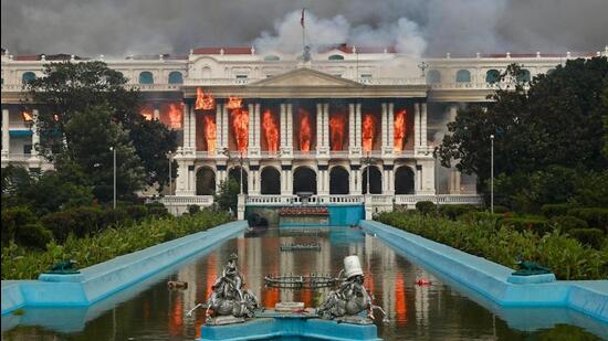 Fire rages through the Singha Durbar, the main administrative building for the Nepali government, in Kathmandu on September 9, 2025, a day after a police crackdown on demonstrations over social media prohibitions and corruption by the government. (AFP)