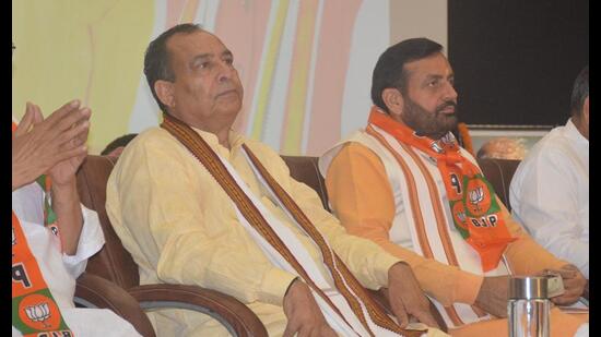 Haryana chief minister Nayab Singh Saini (right) and state BJP president Mohan Lal Badoli during an event in Panchkula on Tuesday. (Sant Arora Hindustan Times)