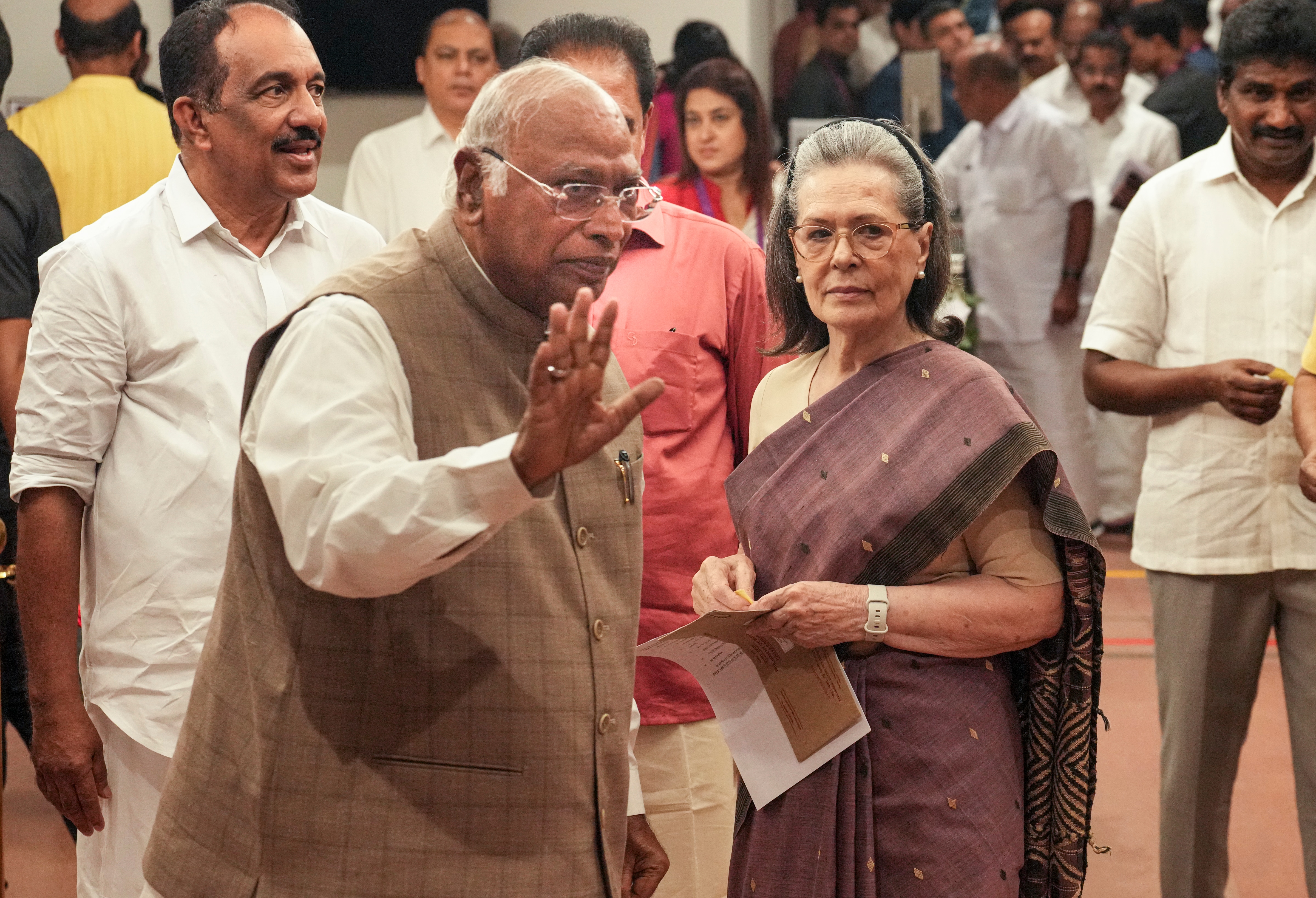 Leader of Opposition in the Rajya Sabha Mallikarjun Kharge, Congress MP Sonia Gandhi and others during voting in the Vice-Presidential elections, at the Parliament premises, in New Delhi, Tuesday, Sept. 9, 2025. (PTI) Leader of Opposition in the Rajya Sabha Mallikarjun Kharge, Congress MP Sonia Gandhi and others during voting in the Vice-Presidential elections, at the Parliament premises, in New Delhi, Tuesday, Sept. 9, 2025. (PTI)