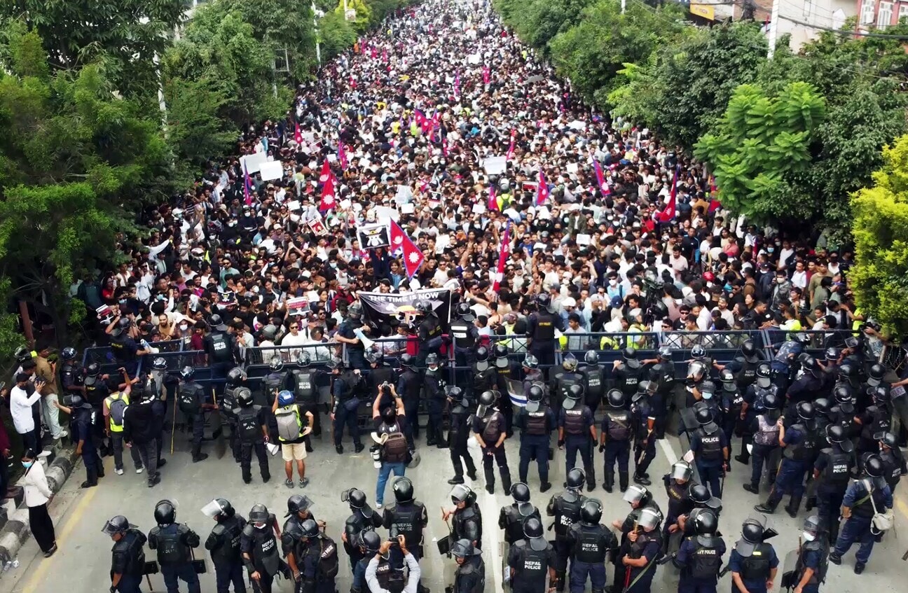 People stage a massive protest against the government’s decision to block several social media platforms, outside the parliament building, in Kathmandu (TV Today, Nepal/HT file)
