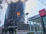 Flames rise from Hilton hotel after it was set on fire in Kathmandu, Nepal, Wednesday, Sept.10, 2025. (AP)