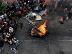 Prisoners burn furniture and other items outside the Dilli Bazaar jail as they try to breakout, following protests against Monday's killing of 19 people after anti-corruption protests triggered by a social media ban which was later lifted, in Kathmandu, Nepal, September 10