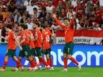 Cristiano Ronaldo celebrates after scoring a goal vs Hungary.
