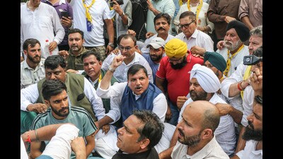 AAP leader Sanjay Singh during the party's protest, in Jammu, on Wednesday. (PTI) AAP leader Sanjay Singh during the party's protest, in Jammu, on Wednesday. (PTI)