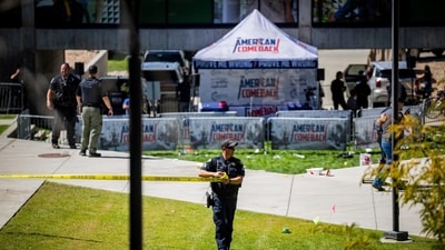 Law enforcement tapes off an area after Charlie Kirk, the CEO and co-founder of the conservative youth organization Turning Point USA, was shot at the Utah Valley University, Wednesday, Sept. 10, 2025, in Orem, Utah. (AP) Law enforcement tapes off an area after Charlie Kirk, the CEO and co-founder of the conservative youth organization Turning Point USA, was shot at the Utah Valley University, Wednesday, Sept. 10, 2025, in Orem, Utah. (AP)