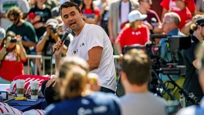 U.S. right-wing activist and commentator Charlie Kirk appears at a Utah Valley University speaking event in Orem, Utah, U.S. September 10, 2025. (Reuters)