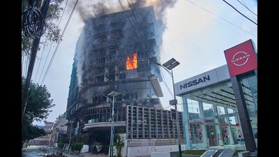 Flames rise from Hilton hotel after it was set on fire in Kathmandu, Nepal, Wednesday, Sept.10, 2025. (AP) Flames rise from Hilton hotel after it was set on fire in Kathmandu, Nepal, Wednesday, Sept.10, 2025. (AP)