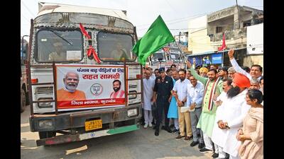 Haryana chief minister Nayab Singh Saini flagging off trucks with relief material for flood-hit Punjab in Kurukshetra on Wednesday. (Sourced) Haryana chief minister Nayab Singh Saini flagging off trucks with relief material for flood-hit Punjab in Kurukshetra on Wednesday. (Sourced)