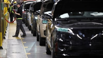 A production line at Jaguar Land Rover’s factory in Solihull. Under normal circumstances, JLR manufactures 1,000 cars a day. (Reuters)